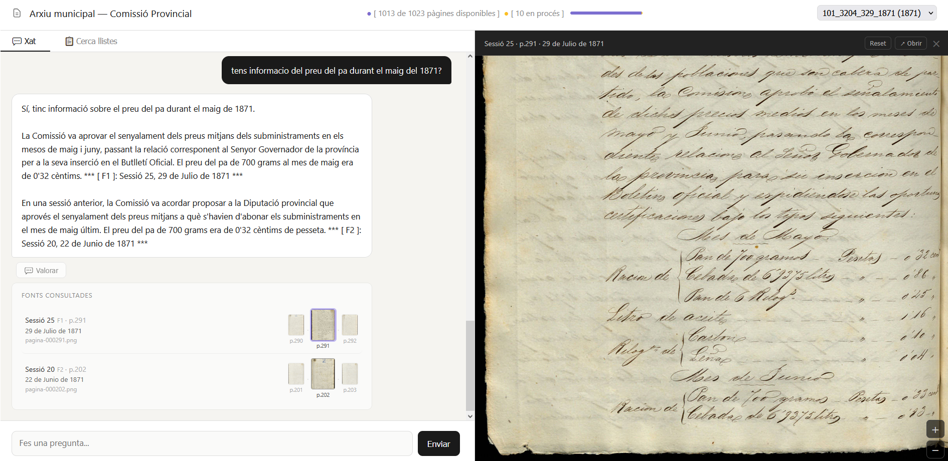 Aplicació Albiria responent una pregunta sobre el preu del pa el 1871, amb les fonts citades i el document manuscrit original al costat